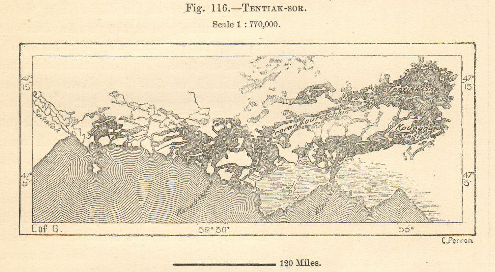 Tentiak-sor, Proran Kourotchkin, Caspian Sea. Kazakhstan. Sketch map 1885